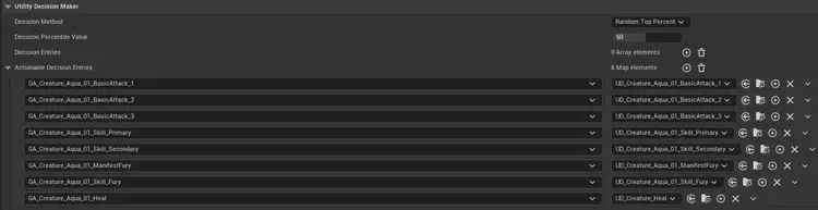 An example decision maker for a creature. For actionable decisions, each decision (right) corresponds to an action object (left). In this case, the creature uses Gameplay Abilities as action entries.