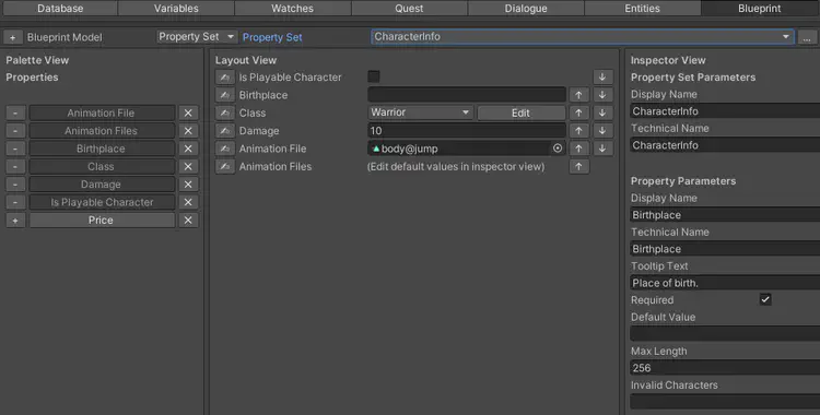 Layout view inspired by articy:draft for constructing entity attributes