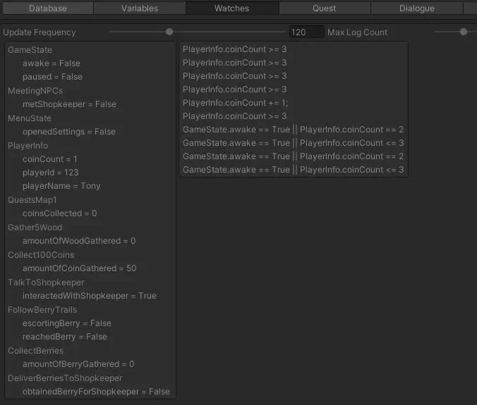 Realtime logging for conditions and events during dialogue