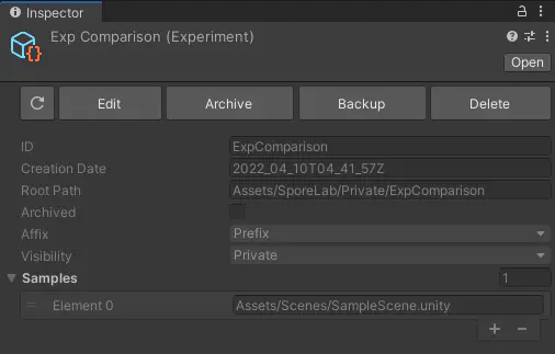 Custom inspector for an experiment allows user to modify it from inspector