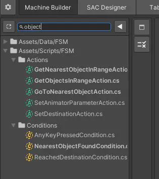 Integrated project view that only displays state machine-related assets